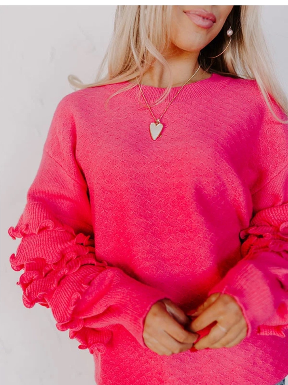 Women's Hot Pink Ruffle Sleeve Sweater
